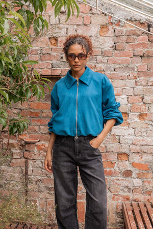 Carraig Donn Teal Suede Zip Up Long Sleeve Bomber Jacket