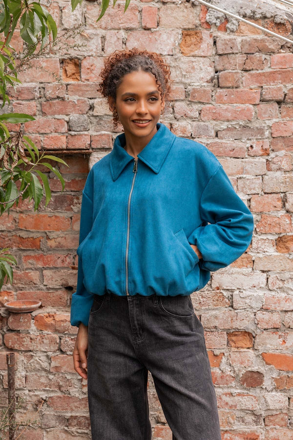 Carraig Donn Teal Suede Zip Up Long Sleeve Bomber Jacket
