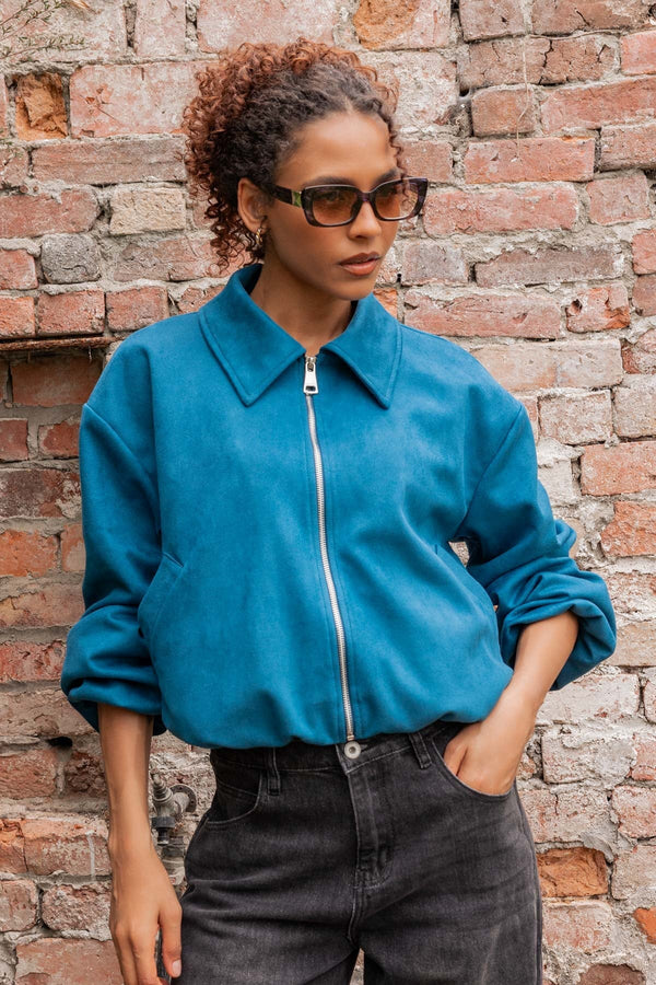 Carraig Donn Teal Suede Zip Up Long Sleeve Bomber Jacket