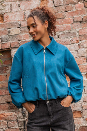 Carraig Donn Teal Suede Zip Up Long Sleeve Bomber Jacket