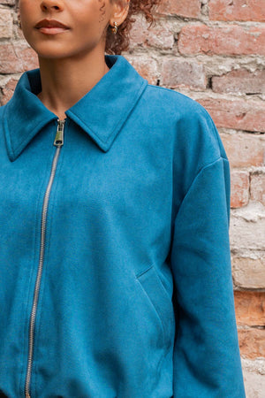 Carraig Donn Teal Suede Zip Up Long Sleeve Bomber Jacket