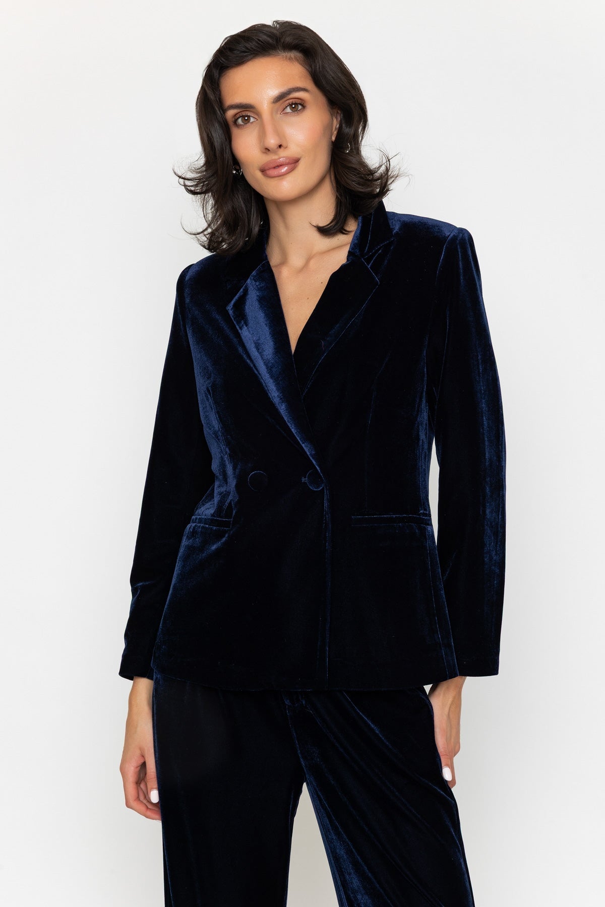 Navy Velvet Double-Breasted Blazer