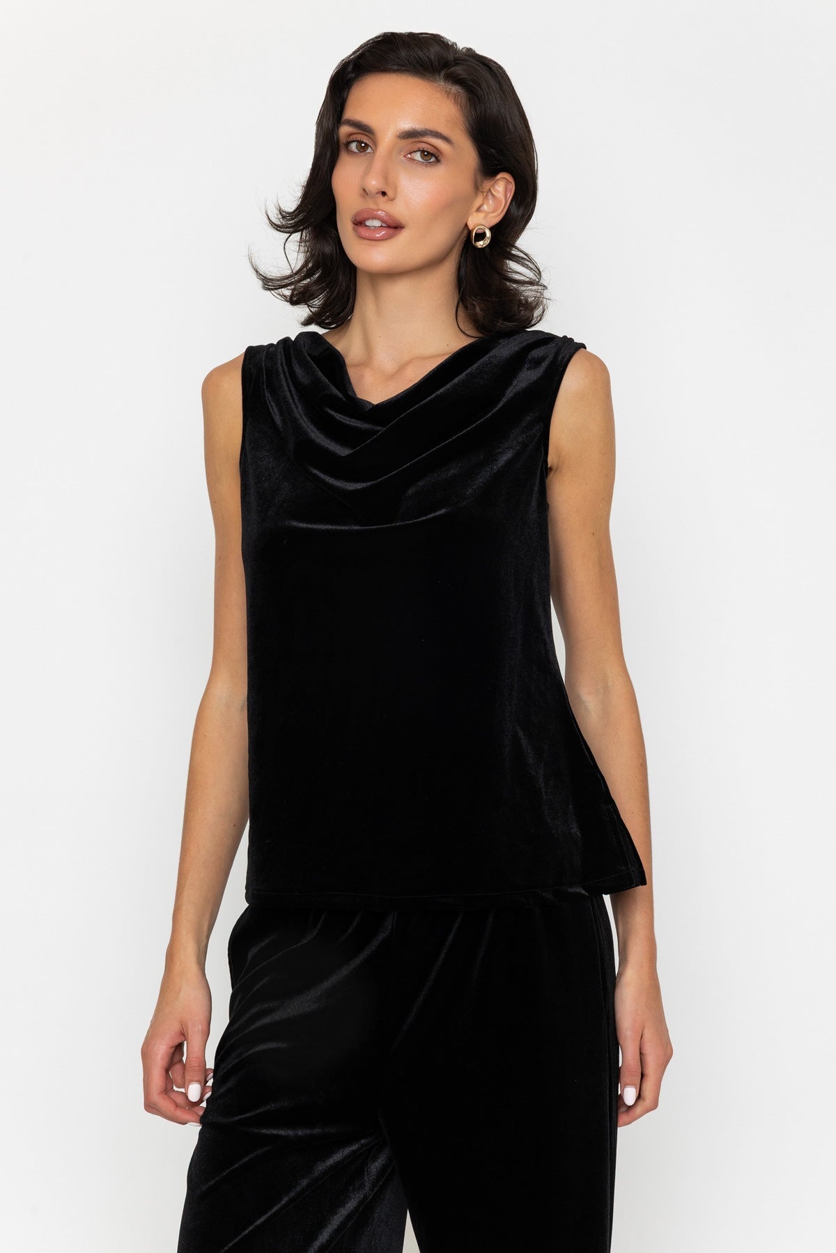 Black Velvet Cowl Neck Sleeveless Top