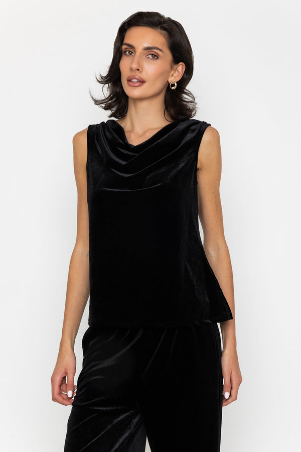 Carraig Donn Velvet Cowl Neck Top Black
