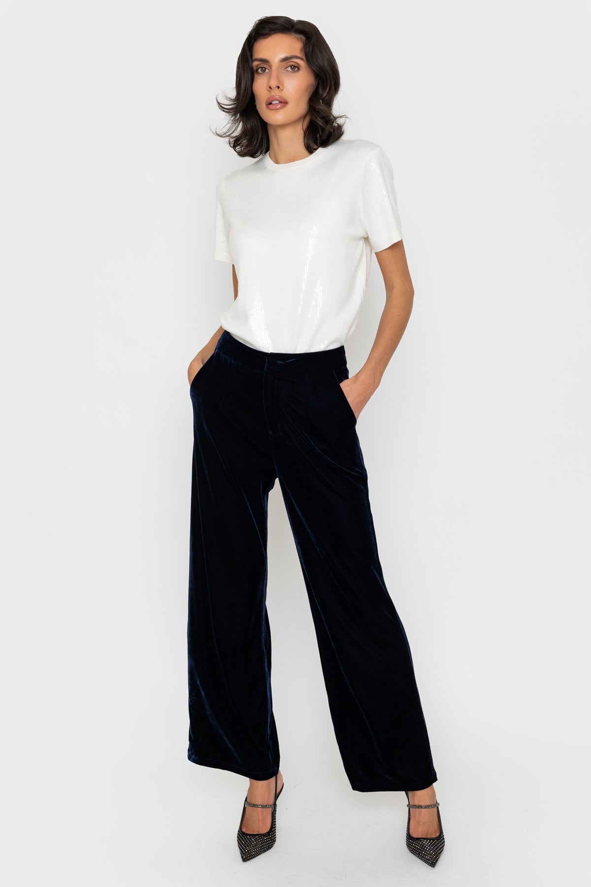 Navy Velvet Straight Leg Trousers