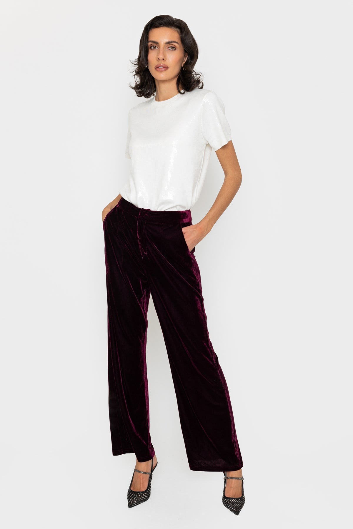 Plum Purple Velvet Straight Leg Trousers