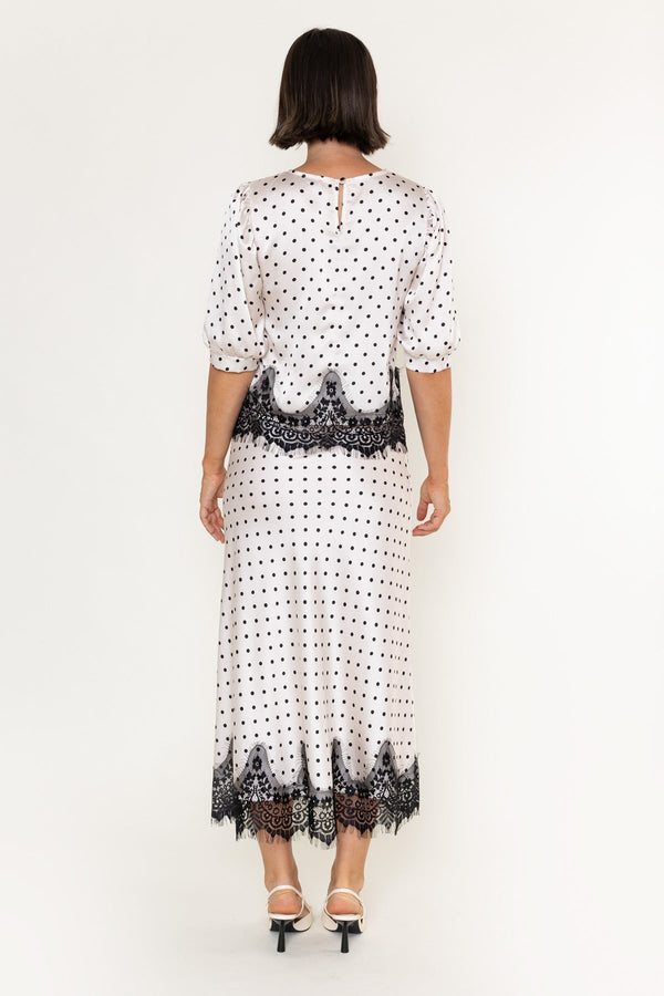 Carraig Donn White & Black Polka Dot Print Sateen Lace Trim Midi Skirt