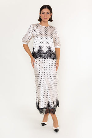 Carraig Donn White & Black Polka Dot Print Sateen Lace Trim Midi Skirt