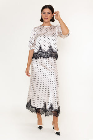 Carraig Donn White & Black Polka Dot Print Sateen Lace Trim Midi Skirt