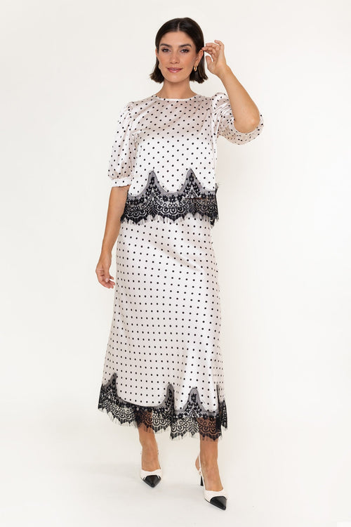 White & Black Polka Dot Print Sateen Lace Trim Midi Skirt