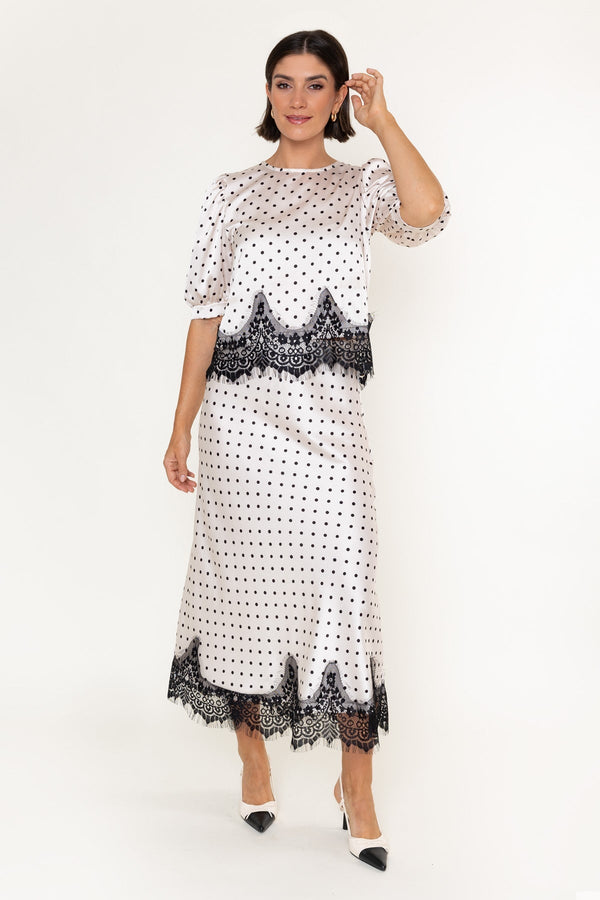 Carraig Donn White & Black Polka Dot Print Sateen Lace Trim Midi Skirt