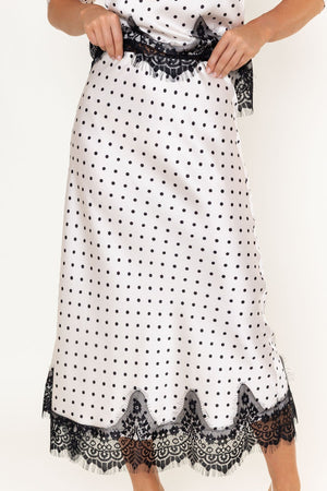 Carraig Donn White & Black Polka Dot Print Sateen Lace Trim Midi Skirt