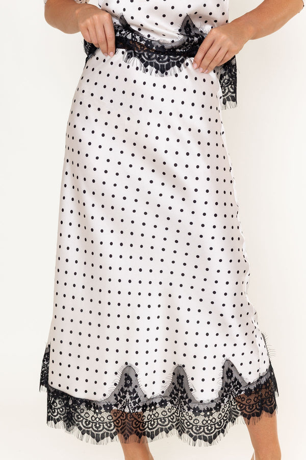 Carraig Donn White & Black Polka Dot Print Sateen Lace Trim Midi Skirt