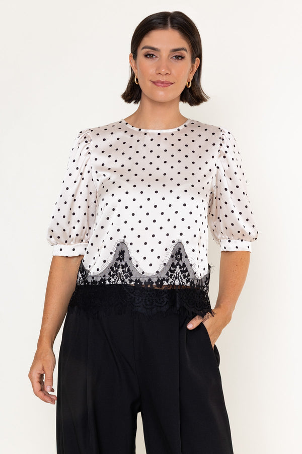Carraig Donn White & Black Polka Dot Sateen Lace Trim Half Sleeve Top