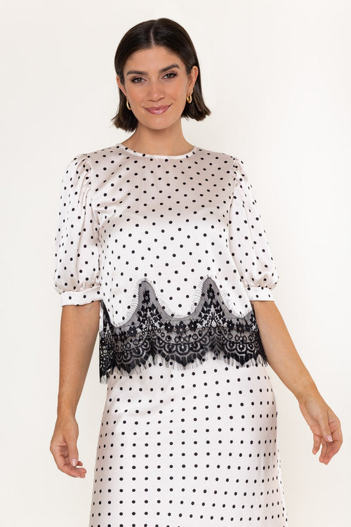White & Black Polka Dot Sateen Lace Trim Half Sleeve Top