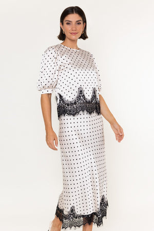 Carraig Donn White & Black Polka Dot Sateen Lace Trim Half Sleeve Top