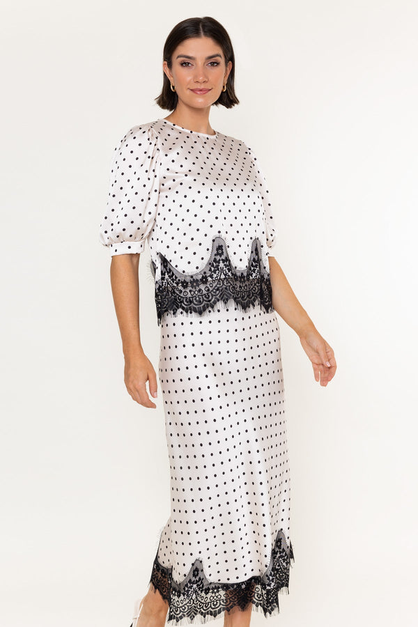 Carraig Donn White & Black Polka Dot Sateen Lace Trim Half Sleeve Top