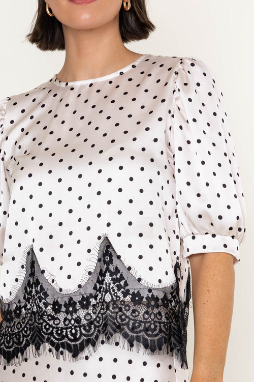 Carraig Donn White & Black Polka Dot Sateen Lace Trim Half Sleeve Top