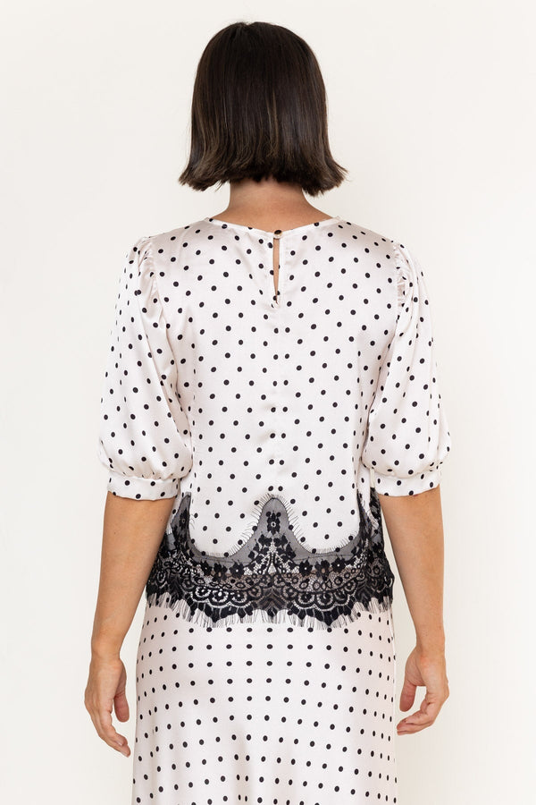 Carraig Donn White & Black Polka Dot Sateen Lace Trim Half Sleeve Top