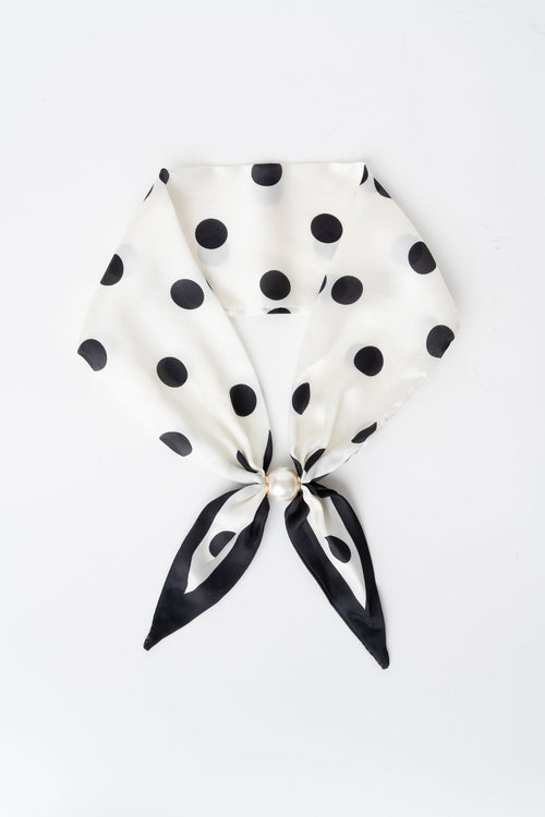White &  Black Polka Dot Satin Pearl Clasp Neckerchief Scarf