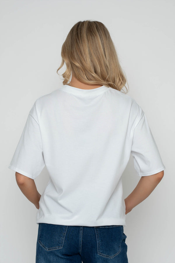 Carraig Donn White "Bon Jour" Round Neck Short Sleeve Boxy T-Shirt