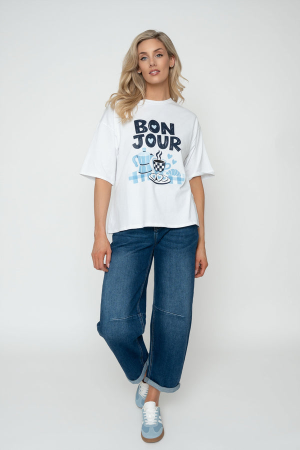 Carraig Donn White "Bon Jour" Round Neck Short Sleeve Boxy T-Shirt