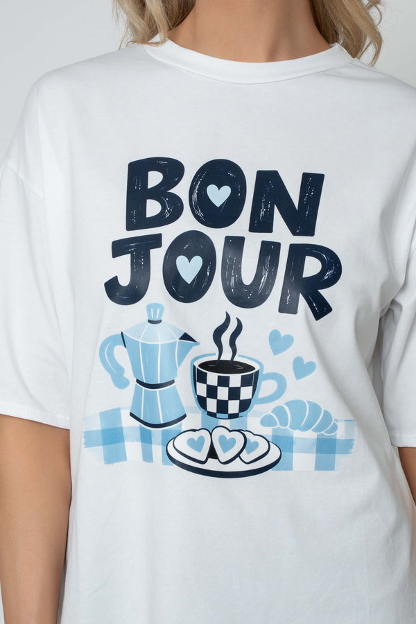 Carraig Donn White "Bon Jour" Round Neck Short Sleeve Boxy T-Shirt