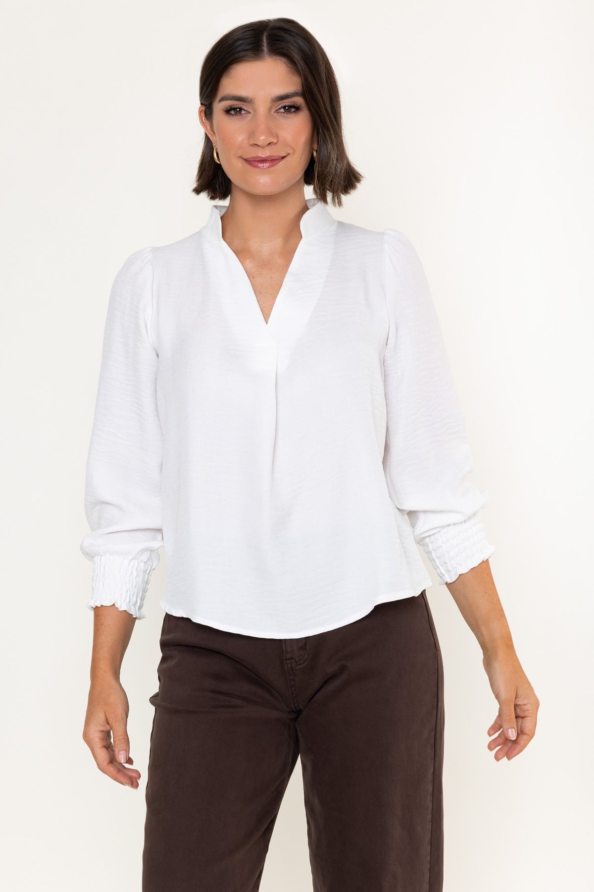 White Collarless V-Neck Long Sleeve Top