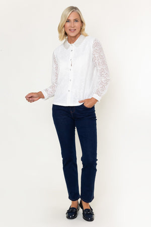 Carraig Donn White Cotton Lace Beaded Detail Collar Long Sleeve Blouse