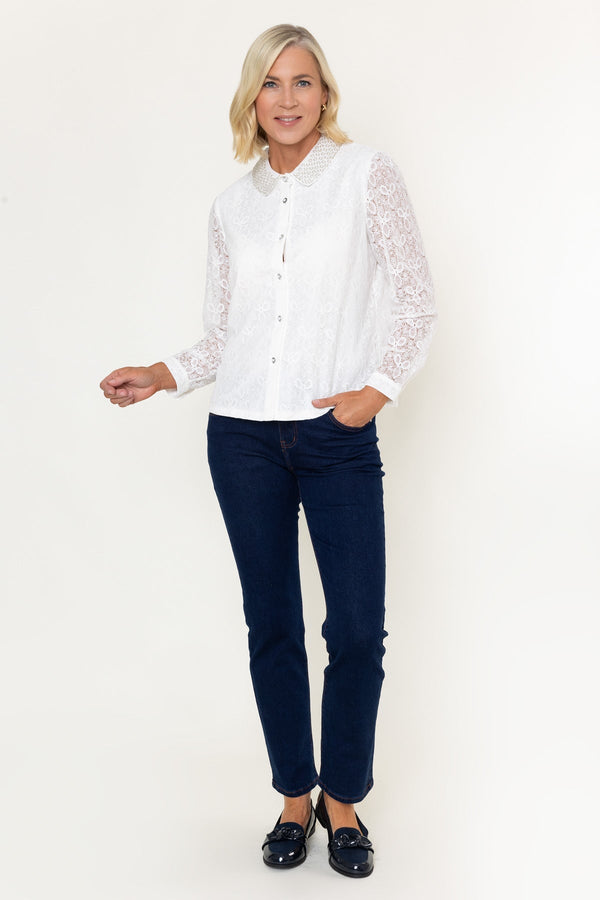 Carraig Donn White Cotton Lace Beaded Detail Collar Long Sleeve Blouse