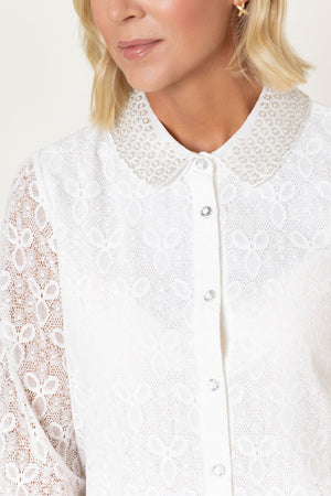 Carraig Donn White Cotton Lace Beaded Detail Collar Long Sleeve Blouse
