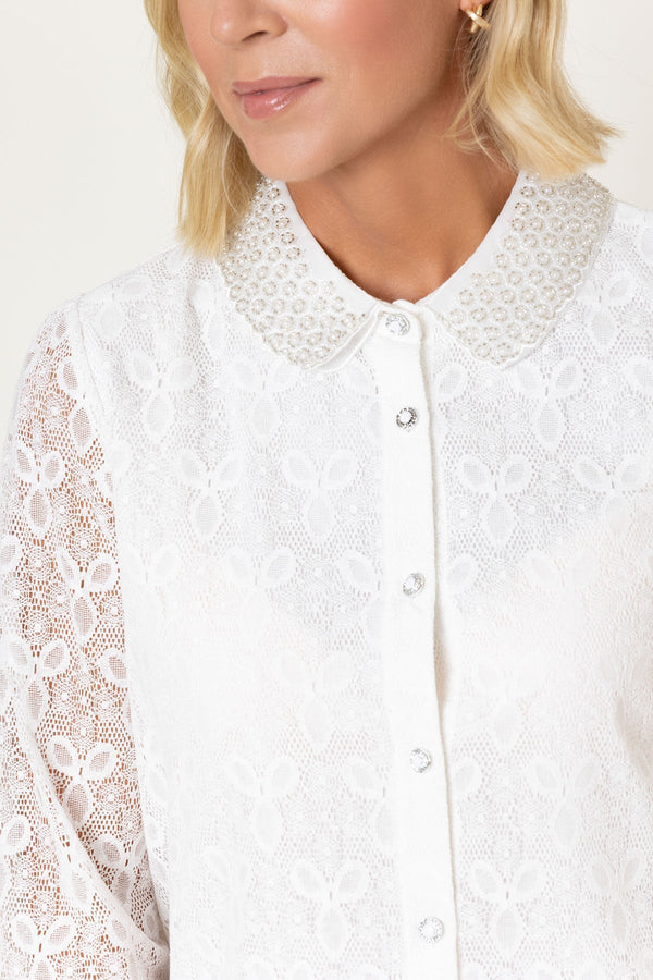 Carraig Donn White Cotton Lace Beaded Detail Collar Long Sleeve Blouse