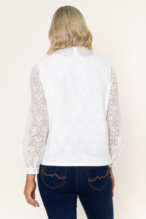 Carraig Donn White Cotton Lace Beaded Detail Collar Long Sleeve Blouse