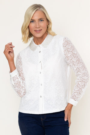 Carraig Donn White Cotton Lace Beaded Detail Collar Long Sleeve Blouse