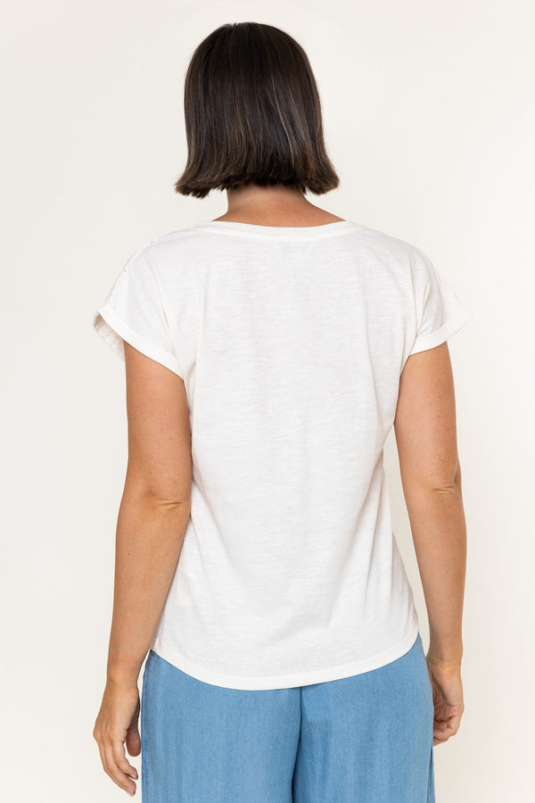 Carraig Donn White Cotton Laser Cut V-Neck Short Sleeve Top