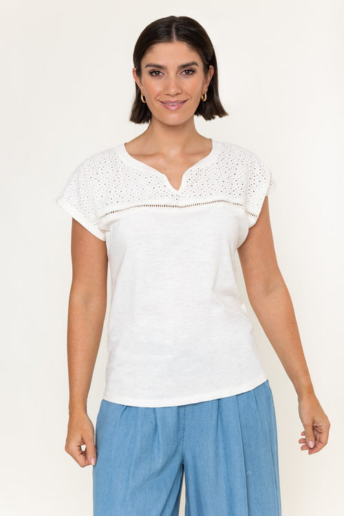 White Cotton Laser Cut V-Neck Short Sleeve Top