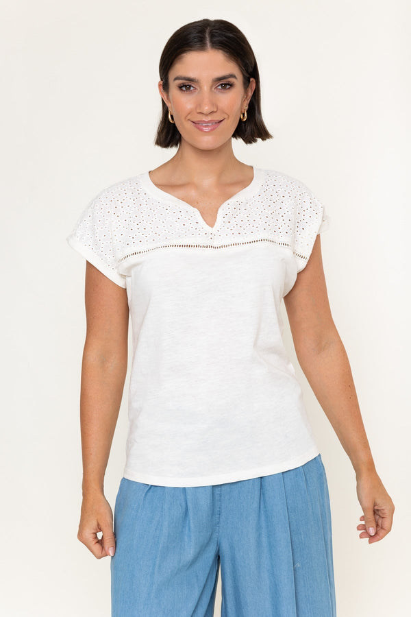 Carraig Donn White Cotton Laser Cut V-Neck Short Sleeve Top