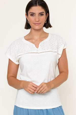 Carraig Donn White Cotton Laser Cut V-Neck Short Sleeve Top