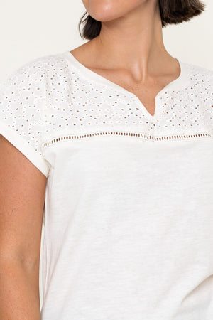 Carraig Donn White Cotton Laser Cut V-Neck Short Sleeve Top
