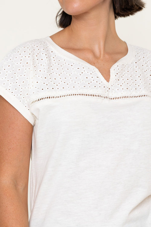 Carraig Donn White Cotton Laser Cut V-Neck Short Sleeve Top