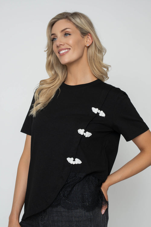 White Cotton Mandarin Detail T-Shirt
