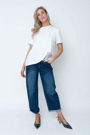 Carraig Donn White Cotton Mandarin Detail T-Shirt