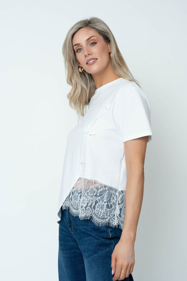 Carraig Donn White Cotton Mandarin Detail T-Shirt
