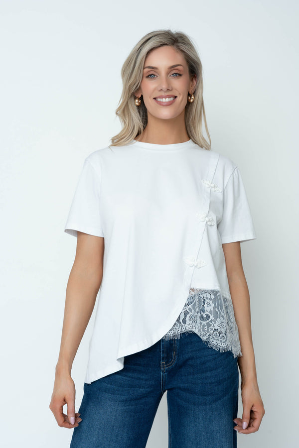 Carraig Donn White Cotton Mandarin Detail T-Shirt