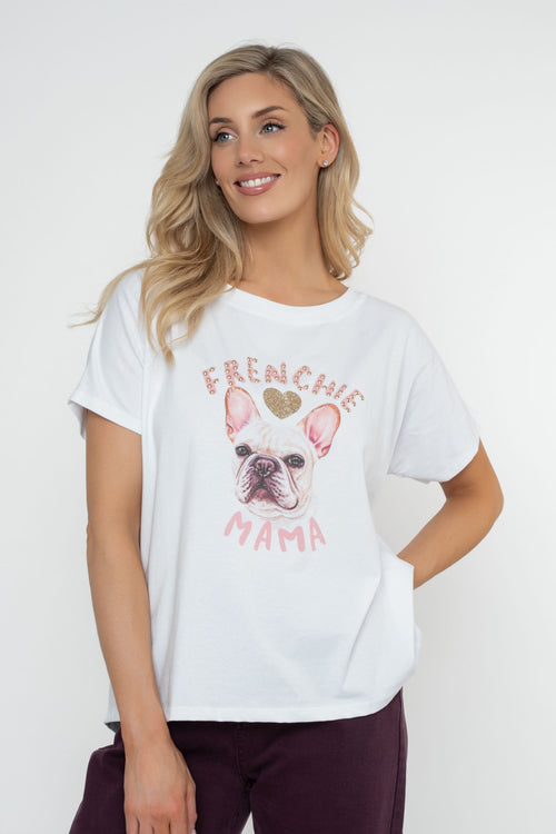 White Dog Print Cotton Dip Hem T-Shirt
