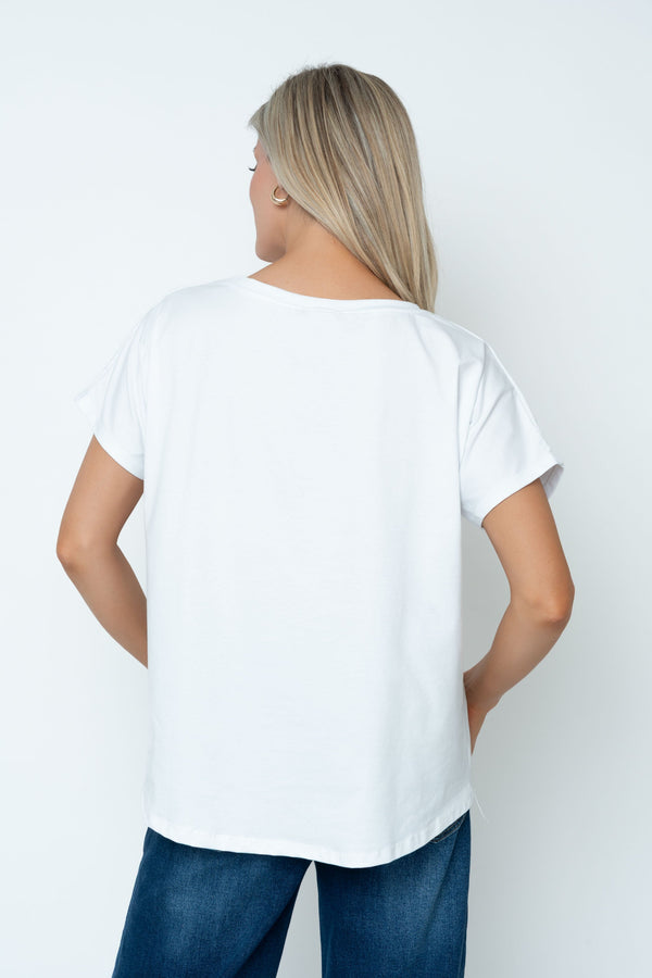 Carraig Donn White Floral Applique Cotton Dip Hem T-Shirt