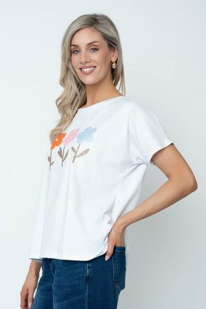 Carraig Donn White Floral Applique Cotton Dip Hem T-Shirt