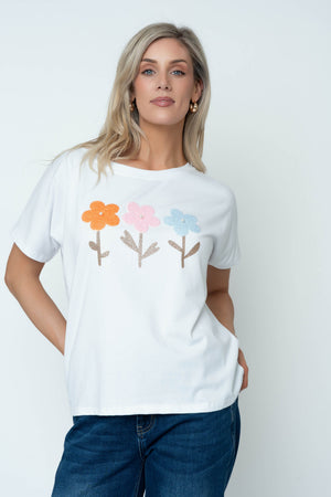 Carraig Donn White Floral Applique Cotton Dip Hem T-Shirt