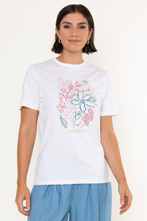 Carraig Donn White Floral Print Cotton Round Neck Short Sleeve T-Shirt