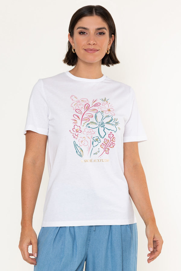 Carraig Donn White Floral Print Cotton Round Neck Short Sleeve T-Shirt